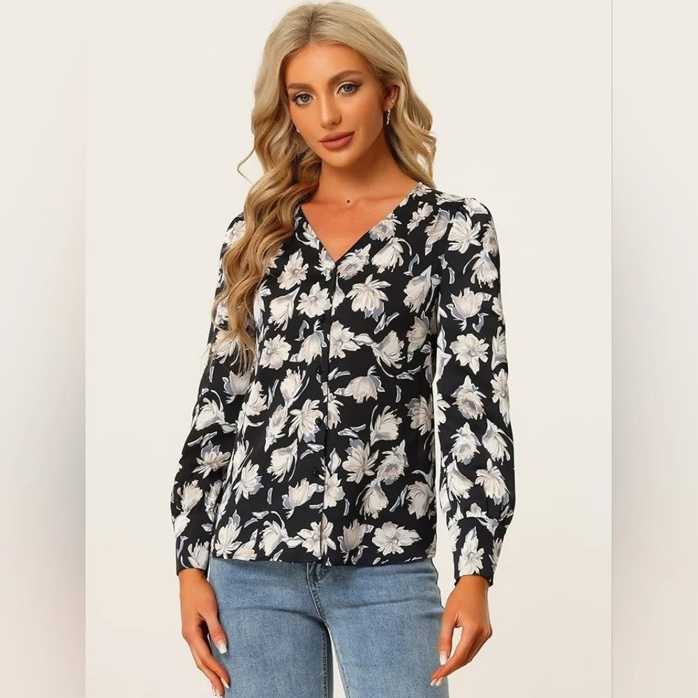 ALLEGRA K Floral Button Down Blouse Long Sleeve V Neck Top M‎ NWT